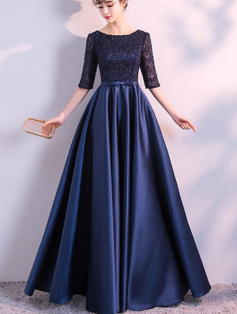 Navy Blue Satin with Lace Top Long Party Dress, Short Sleeves Prom Dress