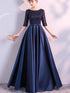 Navy Blue Satin with Lace Top Long Party Dress, Short Sleeves Prom Dress