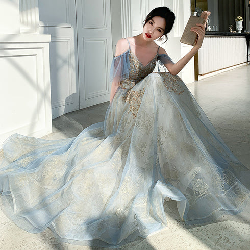 Beautiful Light Blue V-neckline Long Lace Applique Formal Dress, Blue Evening Gown