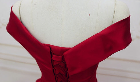 Red Satin Off Shoulder Handmade Long Formal Dress, Beautiful Handmade Red Formal Gown