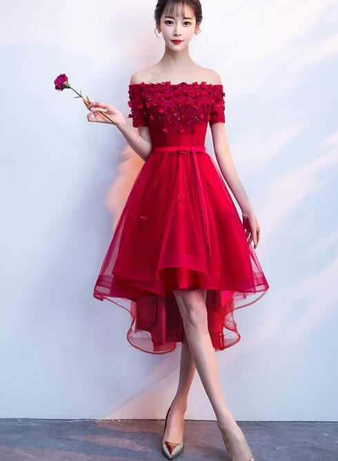 Dark Red High Low Flowers Homecoming Dress, Charming Prom Dress