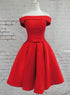 Beautiful Red Satin Short Party Dress, Red Off Shoulder Homecoming Dress