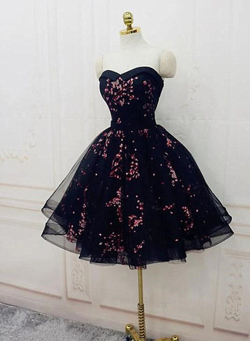 Simple Short Black Tulle Party Dress with Floral, Lovely Short Prom Dress