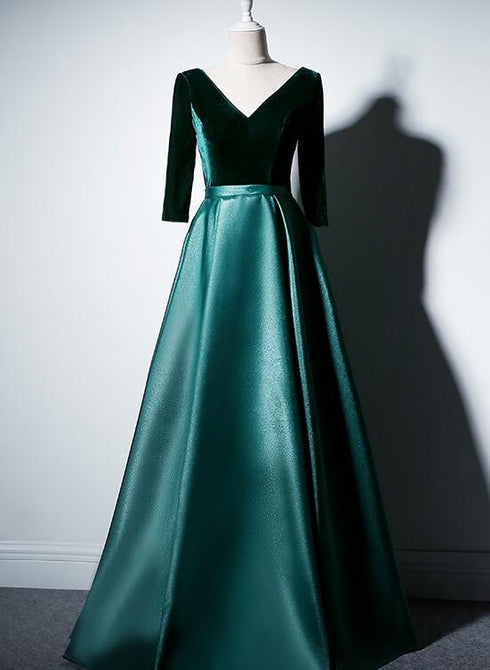 Beautiful Satin and Velvet Short Sleeves Prom Dress, A-line Green Party Dress