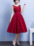Elegant Tea Length Wine Red Homecoming Dress, Lace Party Dress