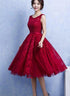 Elegant Tea Length Wine Red Homecoming Dress, Lace Party Dress