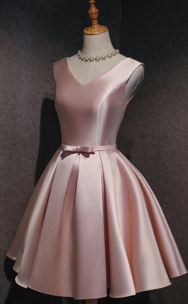 Cute Short Satin Pink V-neckline Knee Length Party Dress, Pink Prom Dress Homecoming Dress