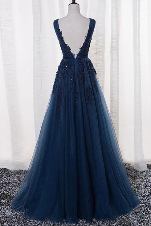 Blue Long A-line Bridesmaid Dress, Dark Blue Tulle Party Dress