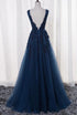 Blue Long A-line Bridesmaid Dress, Dark Blue Tulle Party Dress