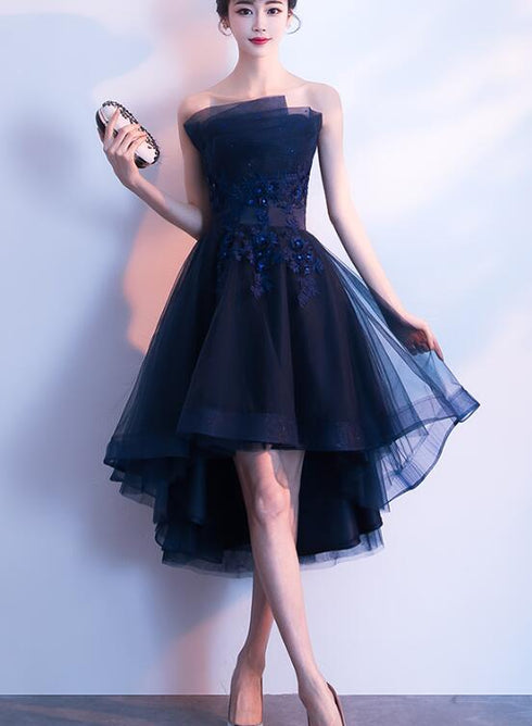 Charming Navy Blue High Low Party Dress, Lace Applique  Prom Dress
