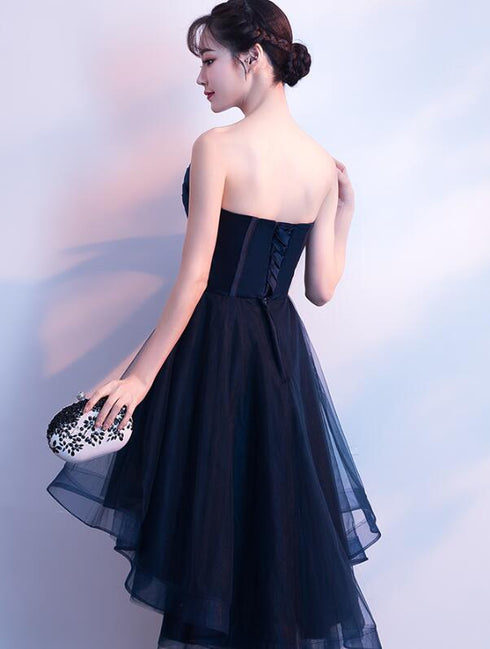 Charming Navy Blue High Low Party Dress, Lace Applique  Prom Dress