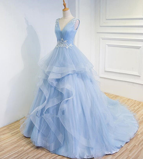 Beautiful Blue Prom Dresses V-neck Ball Gown Sweep Train Party Dress, Sweet 16 Gown