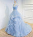 Beautiful Blue Prom Dresses V-neck Ball Gown Sweep Train Party Dress, Sweet 16 Gown