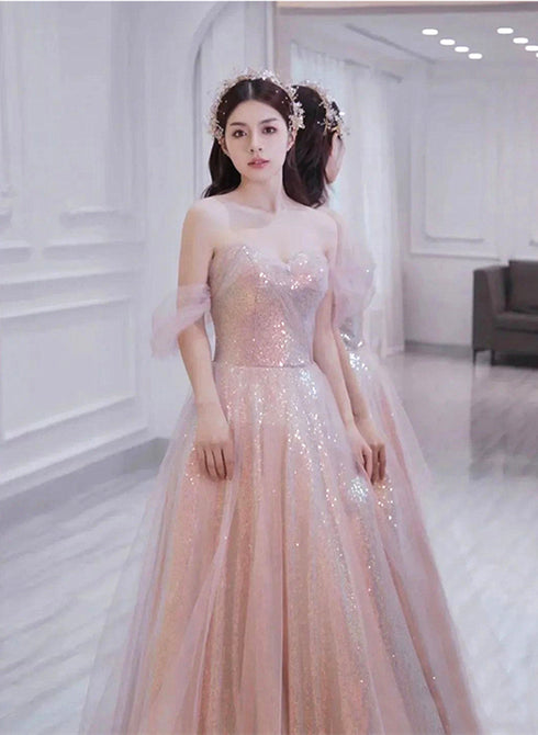 Light Pink and Sequins Sweetheart Long Formal Dress, Pink Evening Party Dress
