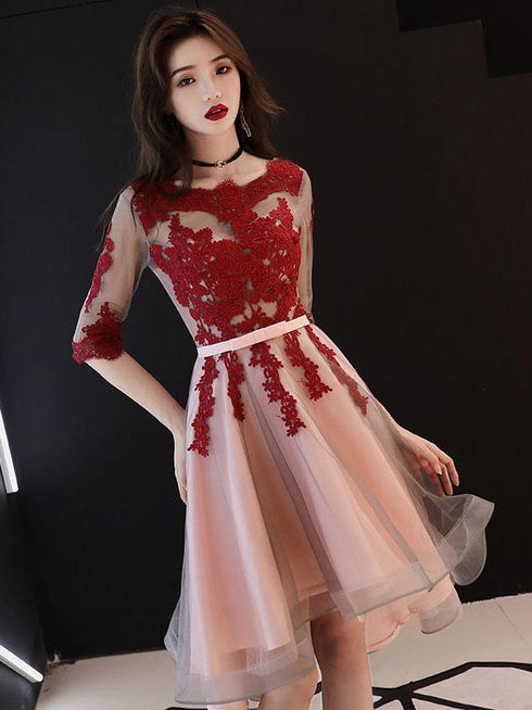 Red and Pink Tulle with Lace Short Sleeves Party Dress, High Low Homecoming Dress