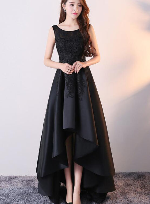 Black Satin with Lace High Low Prom Dress, Fashionable Homecoming Dress