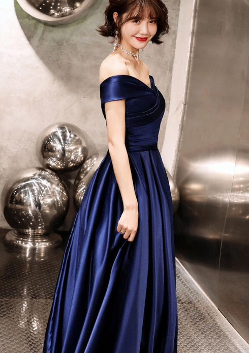 Blue Off Shoulder Prom Dress, Blue Satin Party Gown Prom Dress