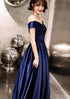 Blue Off Shoulder Prom Dress, Blue Satin Party Gown Prom Dress