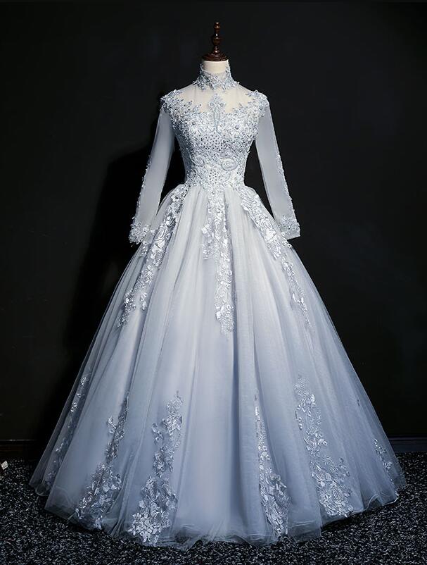 Beautiful Grey A-line Long Sleeves with Lace Party Gown, Sweet 16 Dres ...
