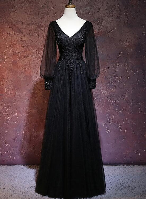 Beautiful Black Long Sleeves V-neckline Evening Dress, Black Prom Dress