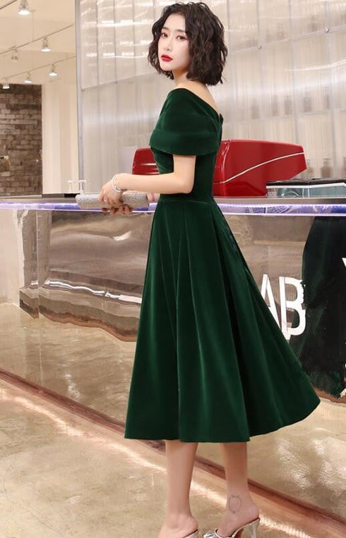 Green Velvet Off Shoulder A-line Bridesmaid Dress, Tea Length Party Dress