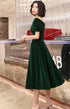 Green Velvet Off Shoulder A-line Bridesmaid Dress, Tea Length Party Dress