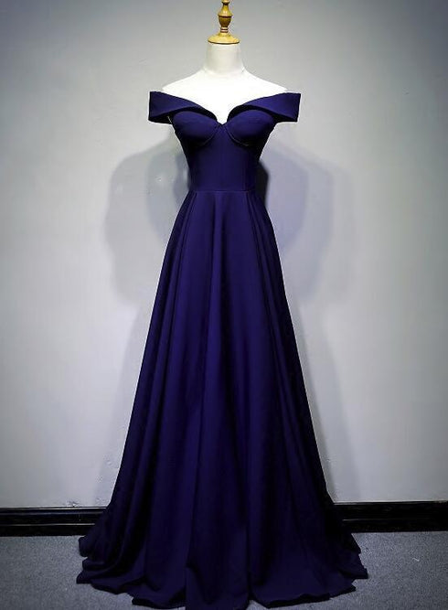 Beautiful Navy Blue A-line Spandex Long Prom Dress, Off Shoulder Bridesmaid Dress