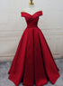 Red Satin Off Shoulder Handmade Long Formal Dress, Beautiful Handmade Red Formal Gown