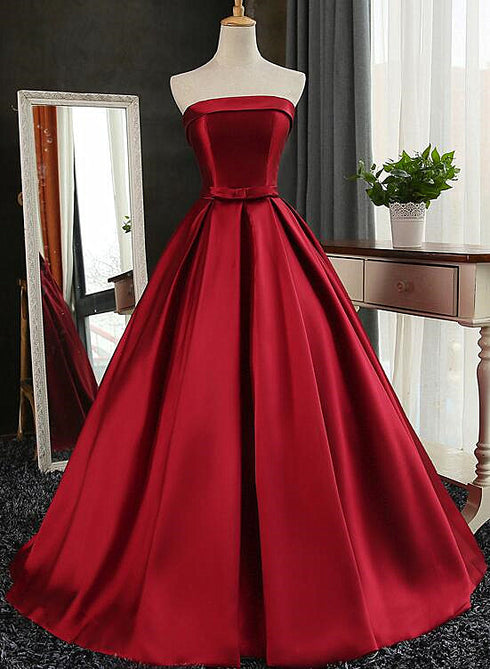 Beautiful Satin Scoop Floor Length Ball Prom Dress , Dark Red Sweet 16 Gown
