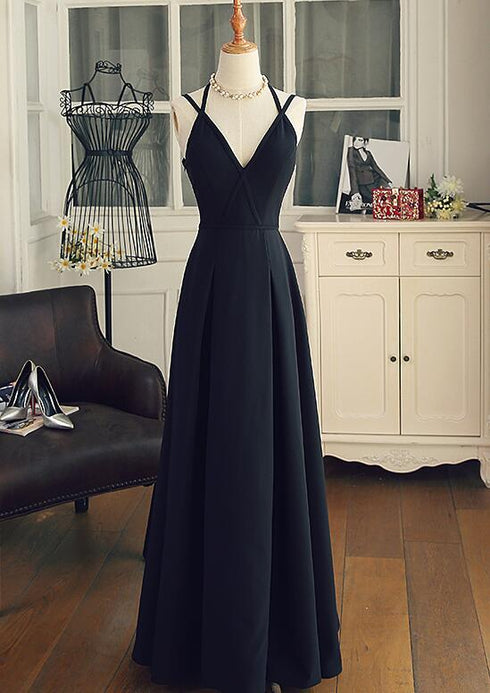 Beautiful Black Chiffon Straps Long A-line Junior Prom Dress, Black Party Gowns