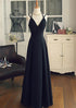 Beautiful Black Chiffon Straps Long A-line Junior Prom Dress, Black Party Gowns