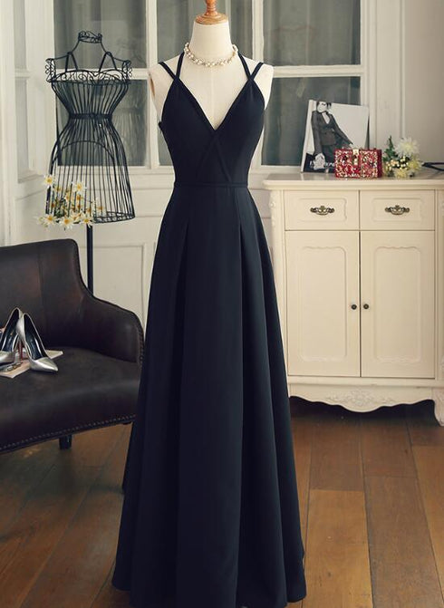 Beautiful Black Chiffon Straps Long A-line Junior Prom Dress, Black Party Gowns