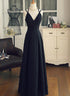 Beautiful Black Chiffon Straps Long A-line Junior Prom Dress, Black Party Gowns