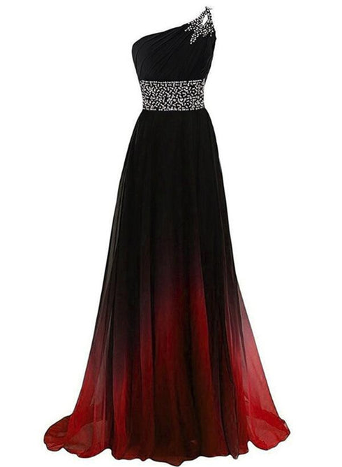 Black and Red Gradient Chiffon One Shoulder Beaded Party Dress, Cute Junior Prom Dress