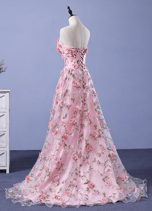 Dark Pink Tulle Flowers Long junior Prom Dress, Pink Party Gown