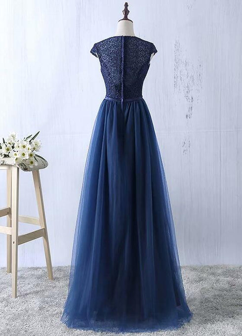 Beautiful Navy Blue Tulle Long Bridesmaid Dresses, Navy Blue Bridesmaid Dresses