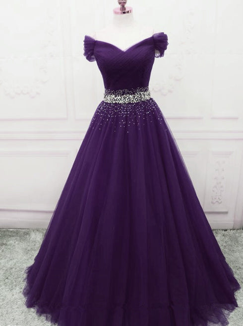 Dark Purple Tulle Long Prom Dresses, Beautiful Junior Prom Dress
