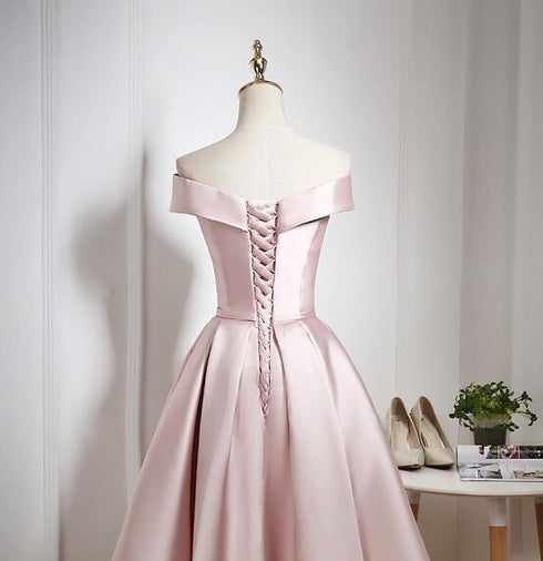 Lovely Pink Satin Off Shoulder Knee Length Formal Dress, Homecoming Dress