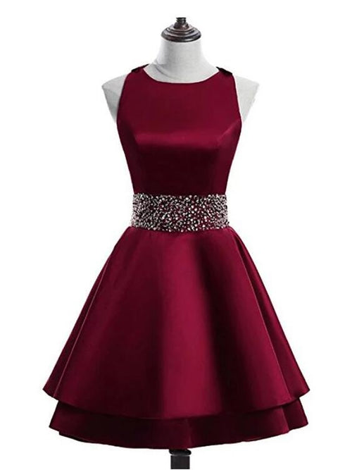 Cute Satin Knee Length Cross Back Beaded Party Dress, Homecoming Dress
