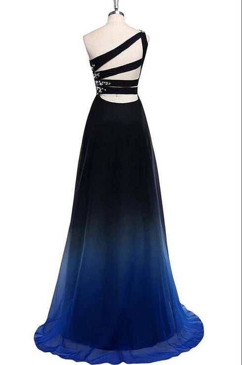 Charming A Line Sweep Train One Shoulder Sleeveless Gradient Prom Dress, Chiffon Party Dress