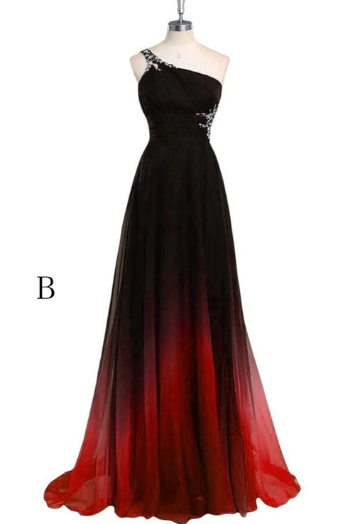 Charming A Line Sweep Train One Shoulder Sleeveless Gradient Prom Dress, Chiffon Party Dress