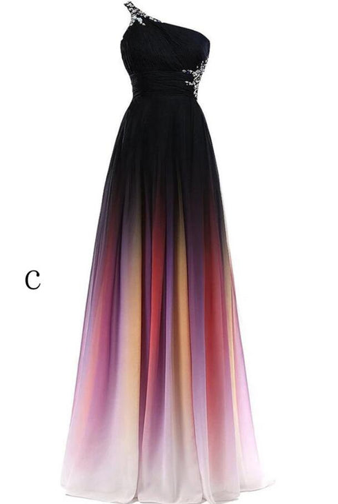 Charming A Line Sweep Train One Shoulder Sleeveless Gradient Prom Dress, Chiffon Party Dress