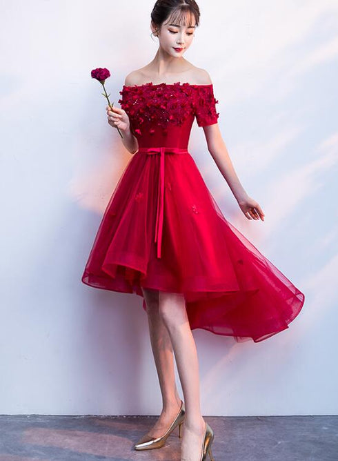 Dark Red High Low Flowers Homecoming Dress, Charming Prom Dress