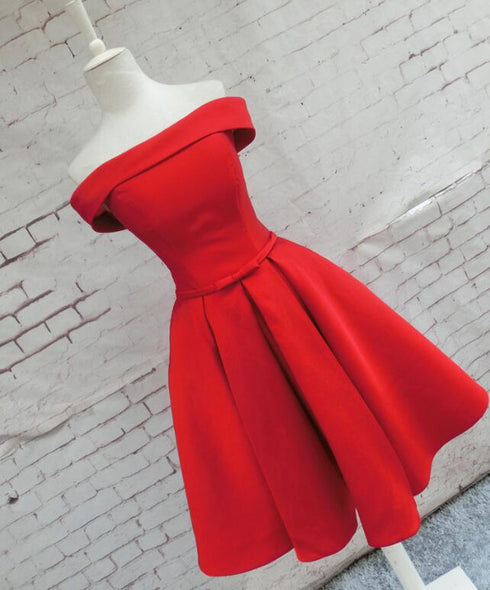 Beautiful Red Satin Short Party Dress, Red Off Shoulder Homecoming Dress