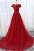 Elegant Red Tulle Long Prom Dress with Lace Applique, Red Party Gowns