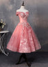 Lovely Pink Off Shoulder Party Dress, Lace Applique Prom Dress