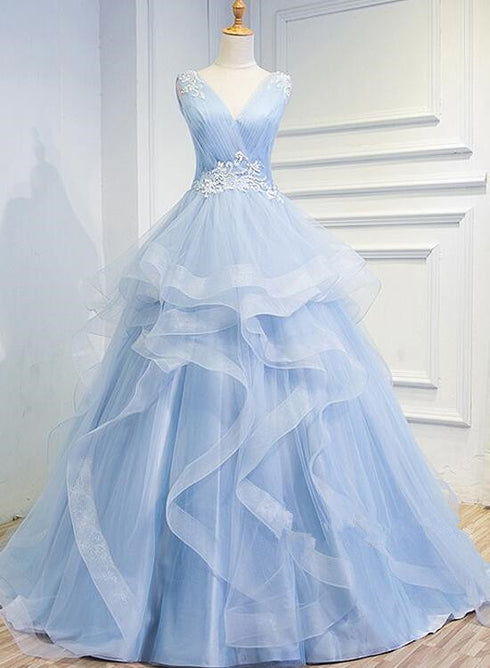 Beautiful Blue Prom Dresses V-neck Ball Gown Sweep Train Party Dress, Sweet 16 Gown
