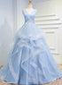 Beautiful Blue Prom Dresses V-neck Ball Gown Sweep Train Party Dress, Sweet 16 Gown