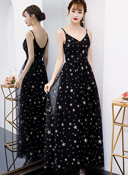 Lovely Black V-neckline Straps Long Evening Gown, Black Party Dress
