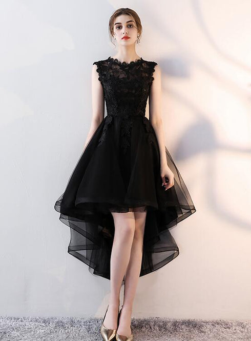 Black Tulle Round Neckline High Low Party Dress, Black Homecoming Dress